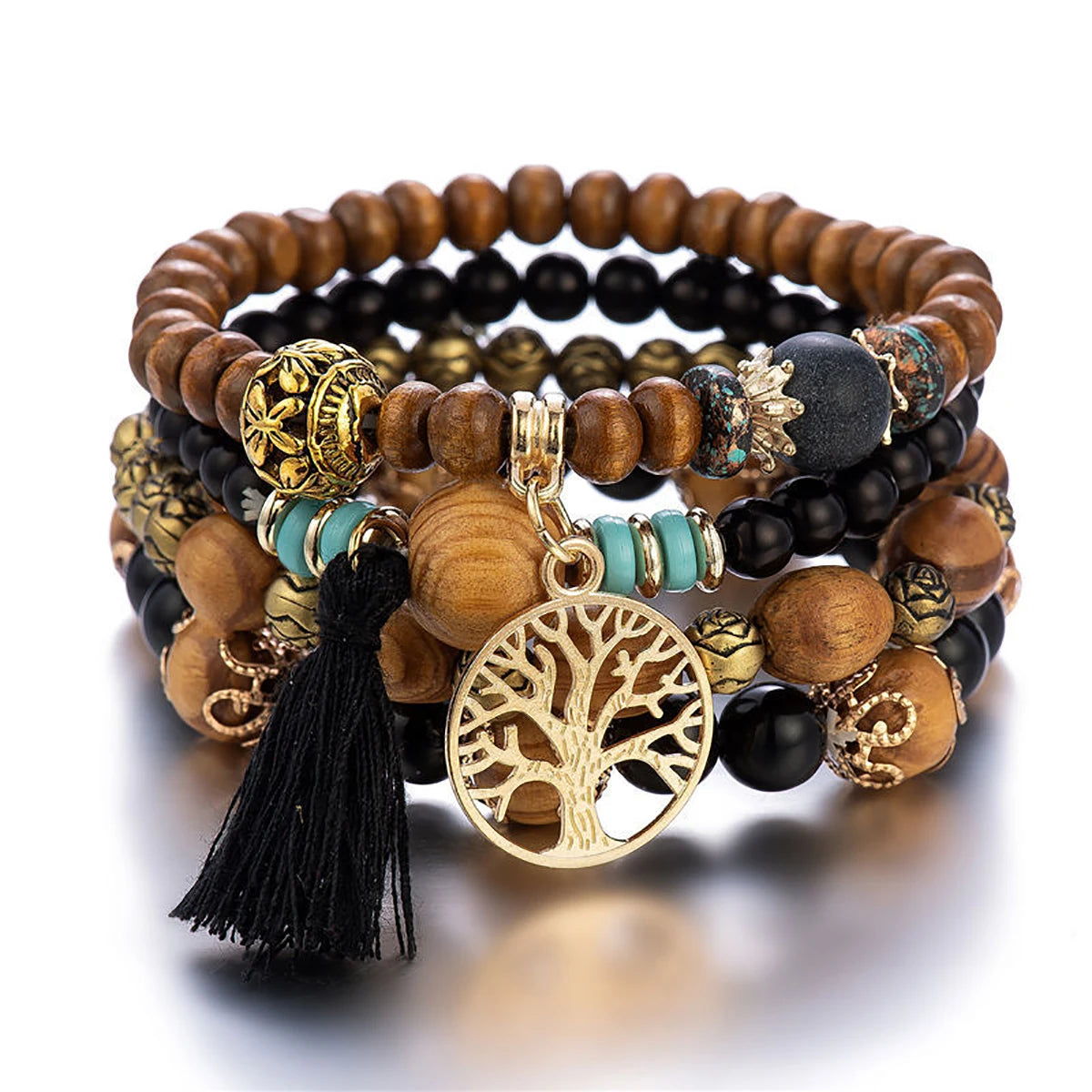 Bohemian Bracelet Creative Ladies Tree of Life Tassel Multi-layer Wooden Beaded Ethnic Style Fashion Women Bracelets Jewelry