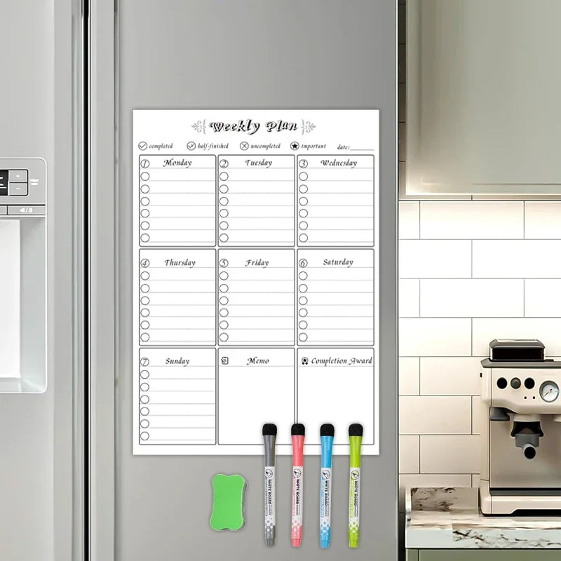 Magnetic Dry Erase Whiteboard Calendar Planner for Refrigerator with Markers and Eraser - Daily Weekly Monthly Organizer