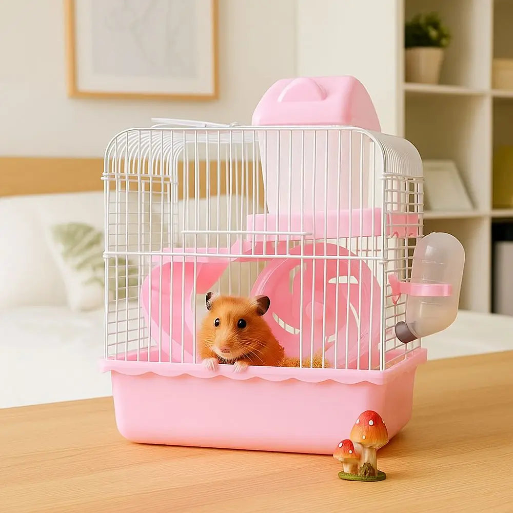 Ventilation Hamster Double-storey Villa Removable Feeding Bottle Pet Castle Cage with Running Wheel with Handle
