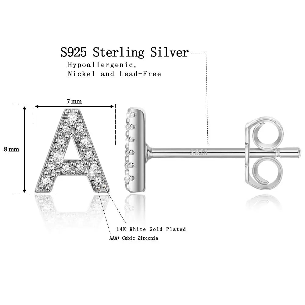 Simple Metal 925 Sterling Silver Ear Needle 26 Letters Small Earrings Zircon Exquisite Letter Earrings Cute Girls Jewelry Gifts