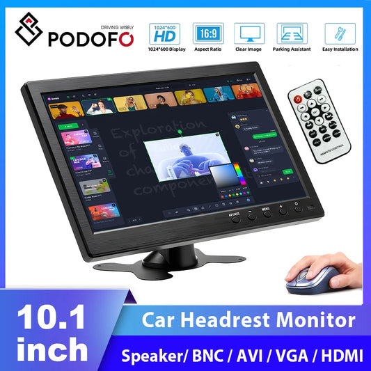 Podofo 10.1" LCD HD Digital Screen HDMI Car Monitor USB AV 2 Channel Video Input Security Monitor With Speaker for truck