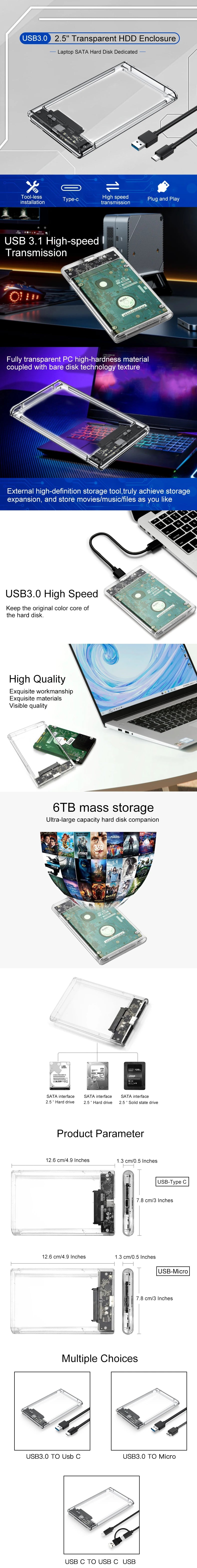 USB 3.0 Transparent HDD Enclosure 2.5" ,Type C Micro Cable External Hard Drive Disk Case 2.5 Inch SATA Box HDD SSD Computer