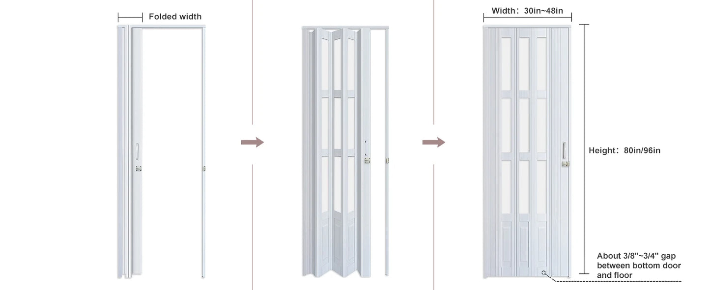 Accordion Door with Clear Panels, Interior Folding Door Includes Hardware and Lock, White Multifold Interior Doors