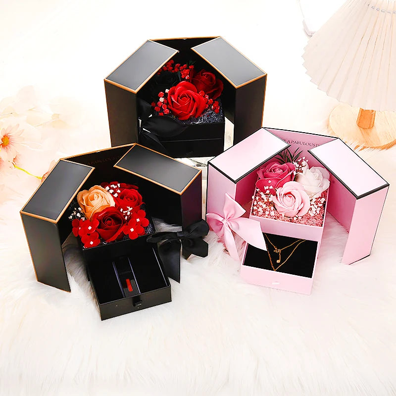 Rose Jewelry Gift Box Bow Packaging Luxury Double Door Drawer Necklace For Girlfriend Mom Simulation Flower Creative Romantic