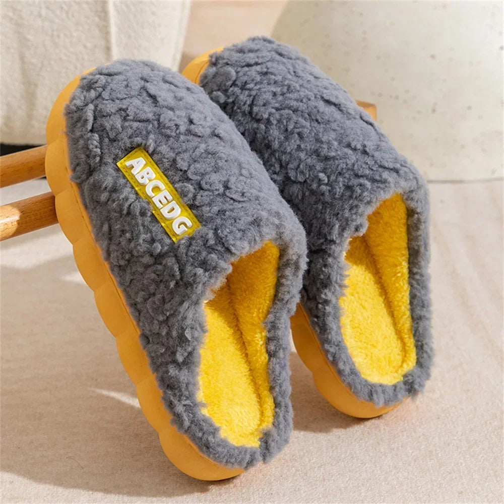 Women Winter Warm Home Slippers Thicken Indoor Boy Girl Floor Slides Plush High Heels Fur Cotton Shoes Ladies Couples Slipper