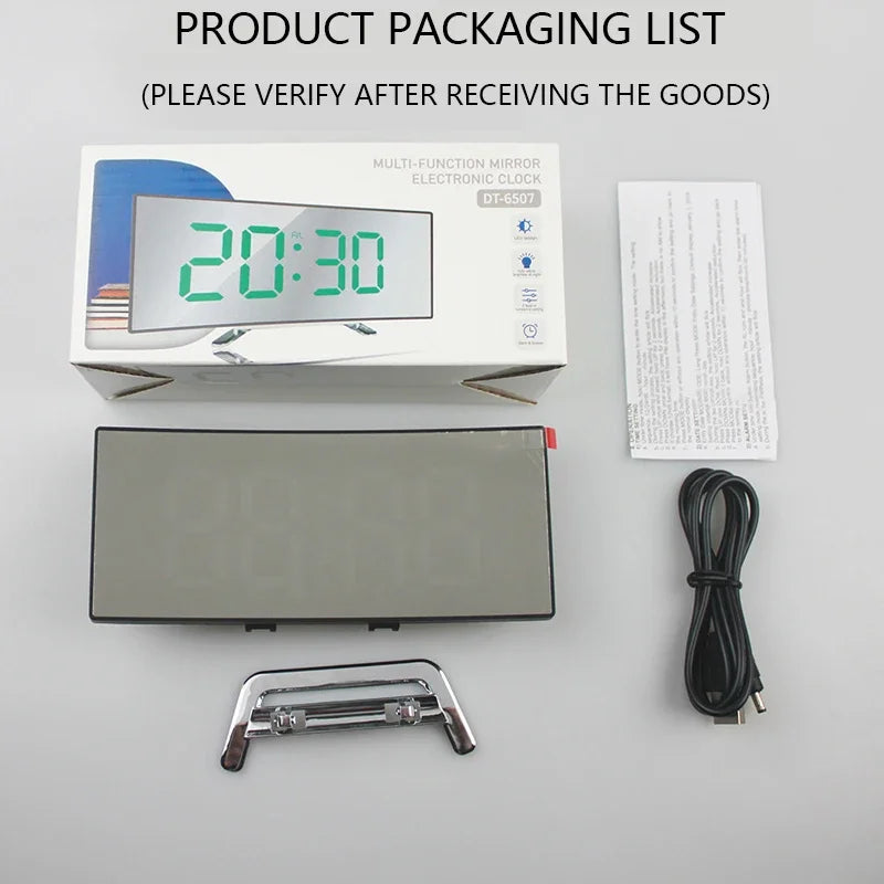 Creative Curved Electronic Clock LED Large Screen Mirror Alarm Clock for Students
