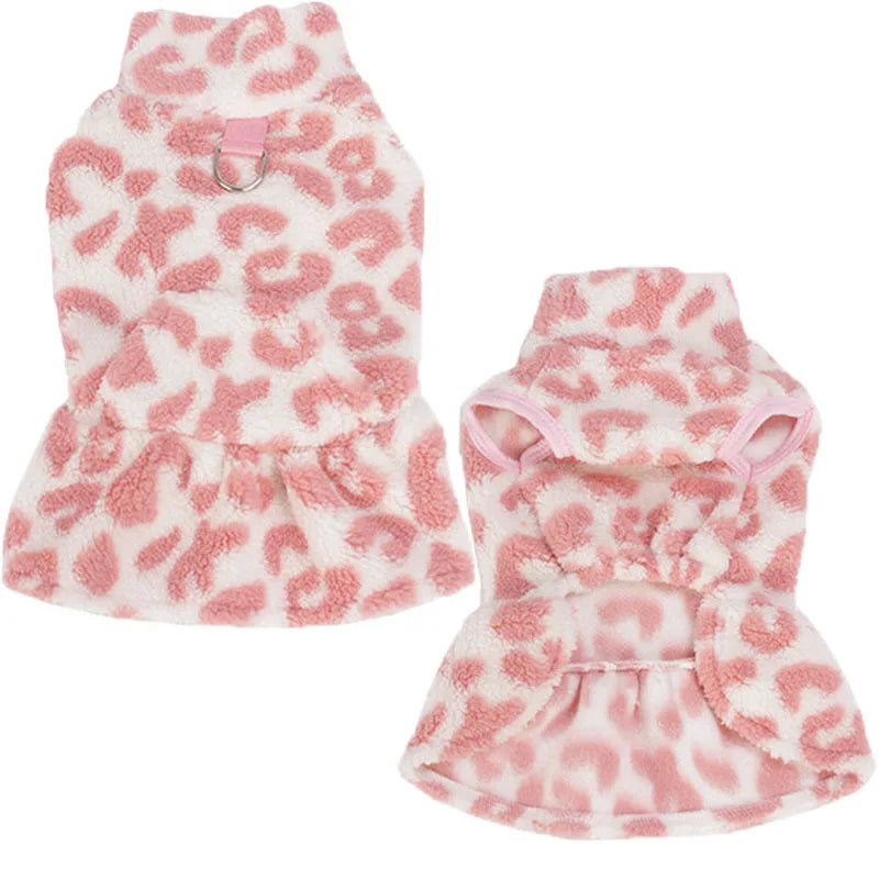 Leopard Dog Dress Coat Winter Fleece Pullover Sweatshirt Pet Clothes Sleeveless Vest Hoodies Puppy Skirt For Small Dogs Chiwawa