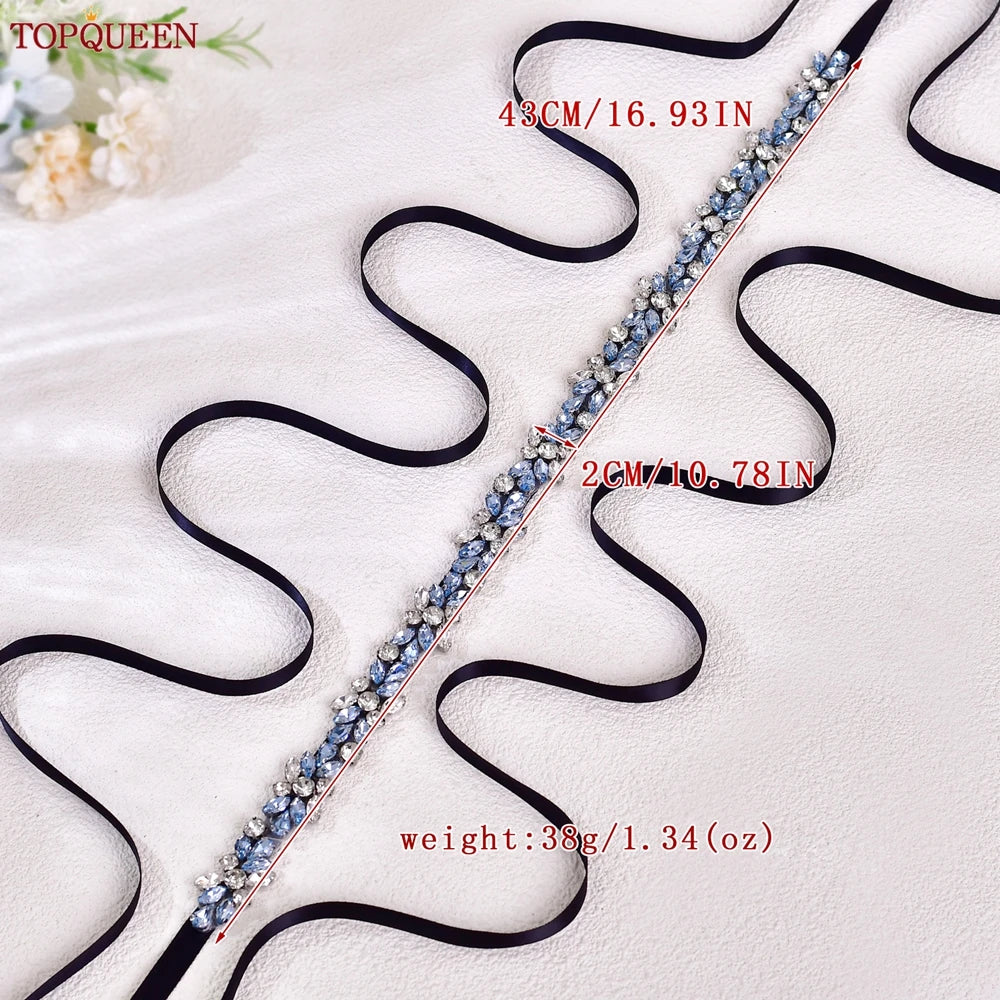 TOPQUEEN Long Thin Light Blue Rhinestone Belt Handmade Bridal Accessories Women's Versatile Dress Wedding Belt Tie Ribbon S437