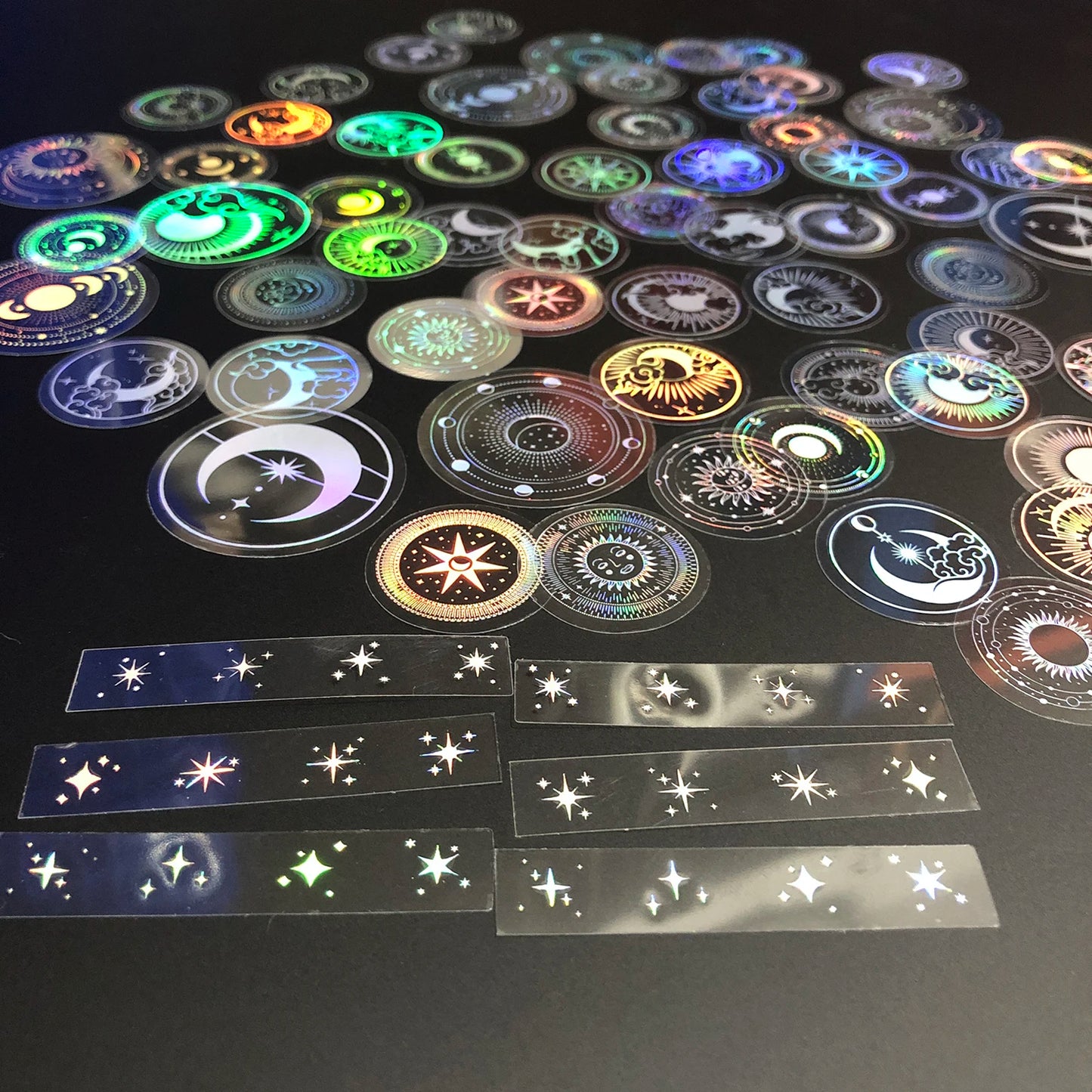 70 Pcs Glitter Gold PET Adhesive Stickers Waterproof Transparent Label Sun Moon Stars Design