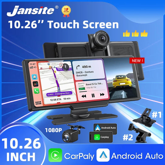 Jansite 10.26 Inch 4K DVR Wireless CarPlay Android Auto Dash Cam with GPS Navigation Night Vision 24h Park Monitor