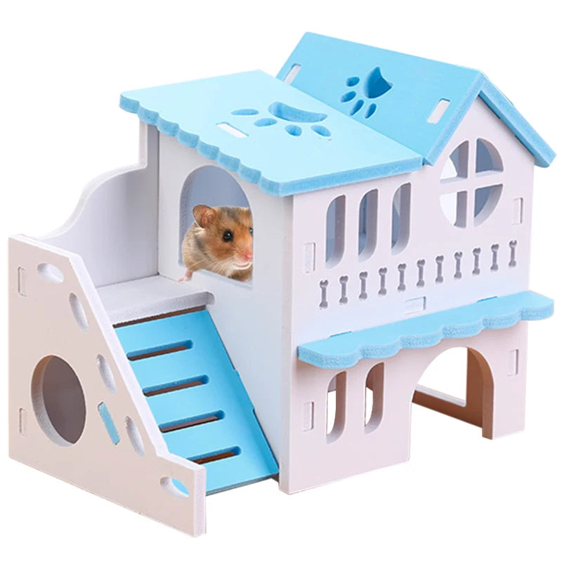 Hamster House Toy Pet Small Animal Hideout Hamster Wooden House 2 Layers With Ladder Design Wooden Hut Play Toys
