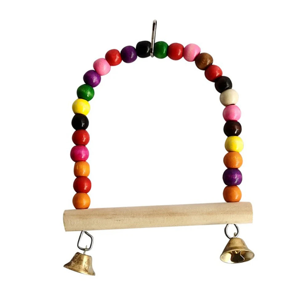 Natural Wooden Parrots Swing Tool Birds Perch Hanging Swings Cage With Colorful Beads Bells Hanging Cage Swings Bird Accessories