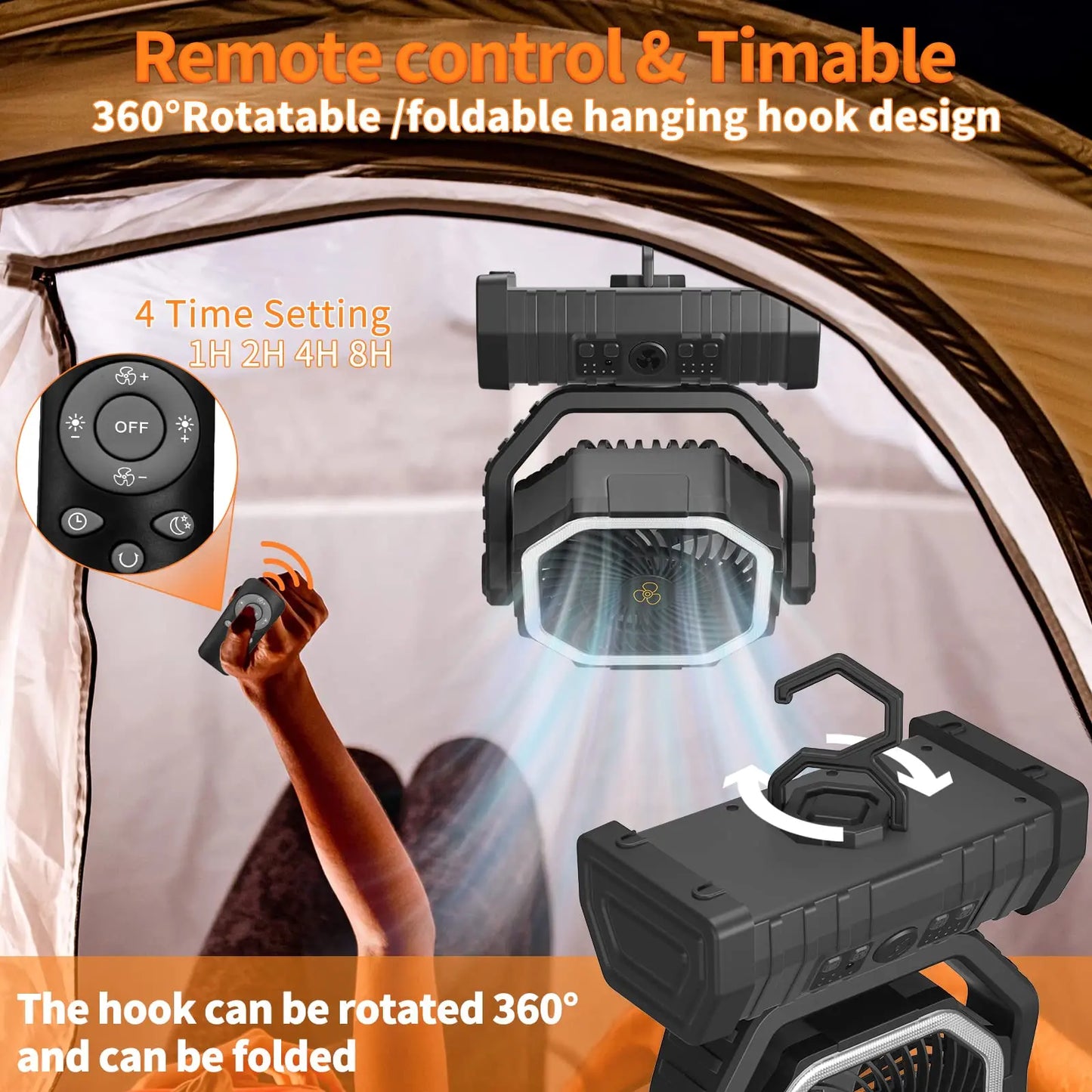 20,000mAh Camping Fan with LED Light – Wireless Rechargeable Outdoor Air Circulator with Hanging Hook