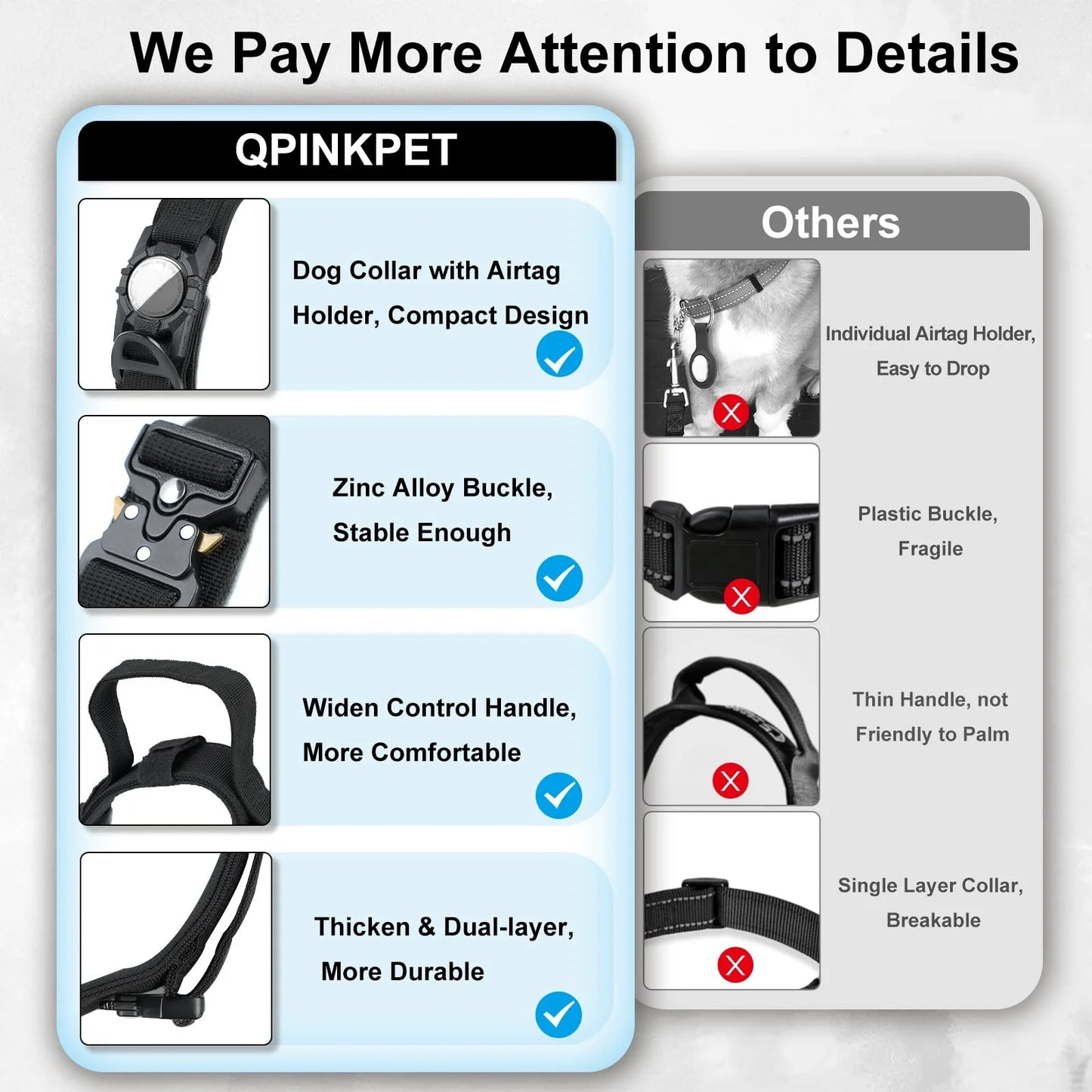 Tactical AirTag Dog Collar with Handle and Metal Buckle for Medium Large Dogs