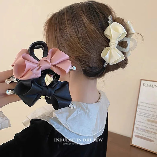 Korea elegant big bow hair clip claw for women large Rhinestones claw clip girl pink white bow hairclip luxury hairpin headdress