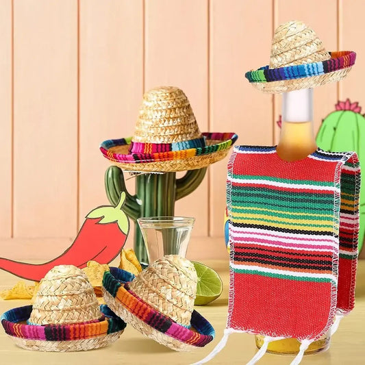 Mexican Theme Tiny Sombrero Hats Colorful Bottles Serapes Fiesta Decoration