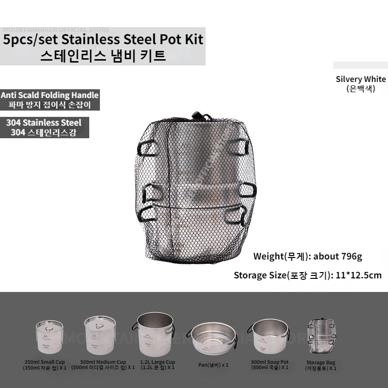 MountainHiker 5 Piece Camping Cookware Set 304 Stainless Steel Portable Outdoor Cooking Kit for Hiking BBQ and Picnic