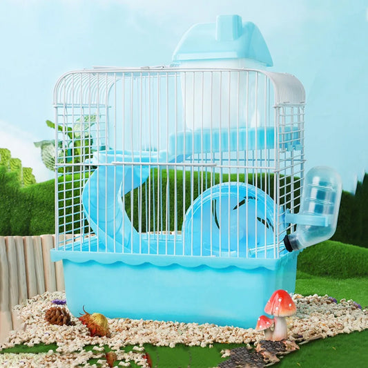 Ventilation Hamster Double-storey Villa Removable Feeding Bottle Pet Castle Cage with Running Wheel with Handle