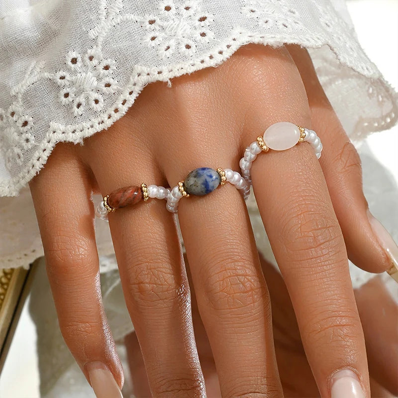 3 PCS Set Natural Stone Pearl Beaded Rings for Women