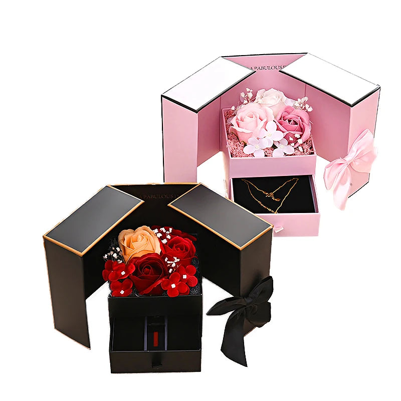 Rose Jewelry Gift Box Bow Packaging Luxury Double Door Drawer Necklace For Girlfriend Mom Simulation Flower Creative Romantic