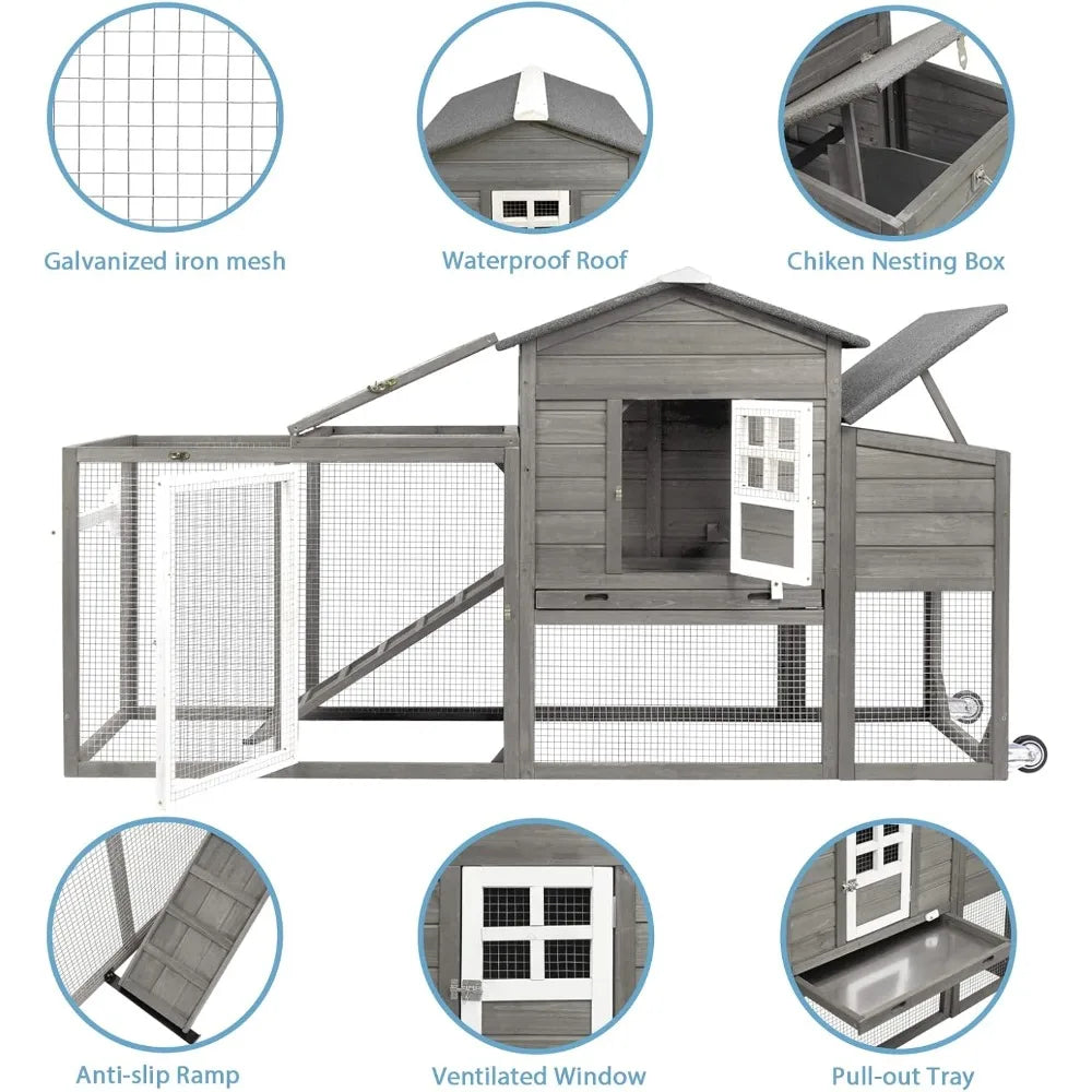 158in Chicken Coop Wooden Indoor Outdoor for 1-6 Chickens Extension Chicken Houses with Removable Tray Nesting Box and Run（Set o
