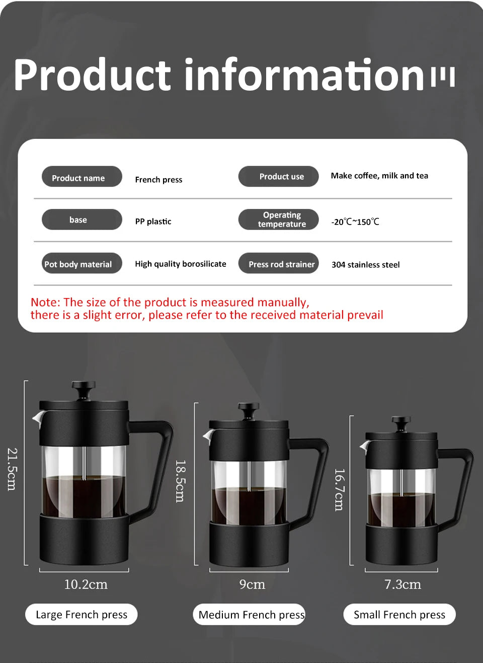 French Press Coffee Maker – 350ml/600ml/1L Borosilicate Glass Pot with Stainless Steel Filter