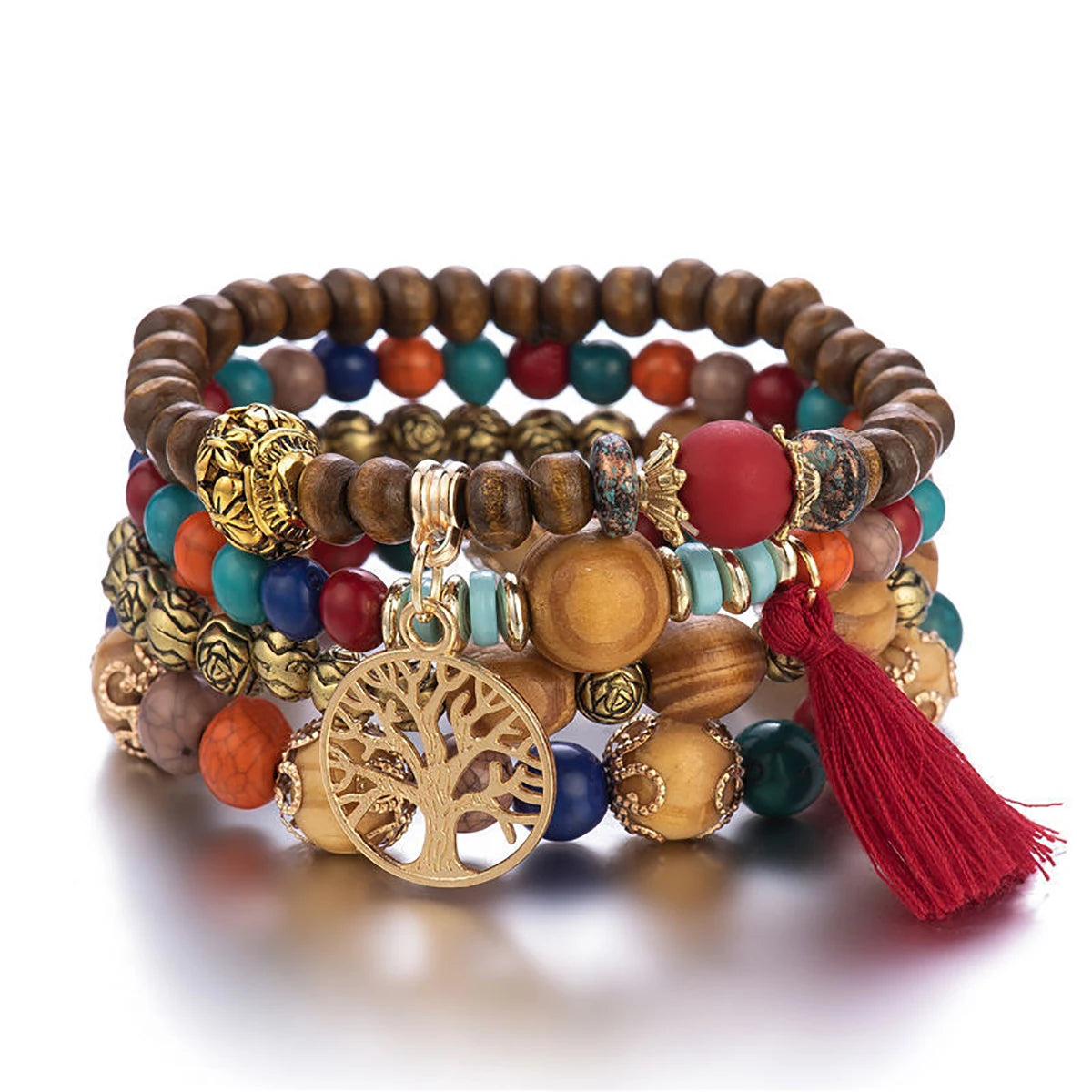 Bohemian Bracelet Creative Ladies Tree of Life Tassel Multi-layer Wooden Beaded Ethnic Style Fashion Women Bracelets Jewelry