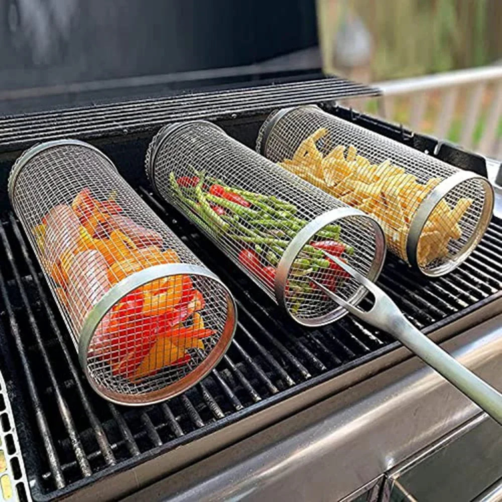 Rolling BBQ Basket – Stainless Steel Grilling Mesh Rack for Vegetables, Fish & Meat, Ideal for Camping BBQs