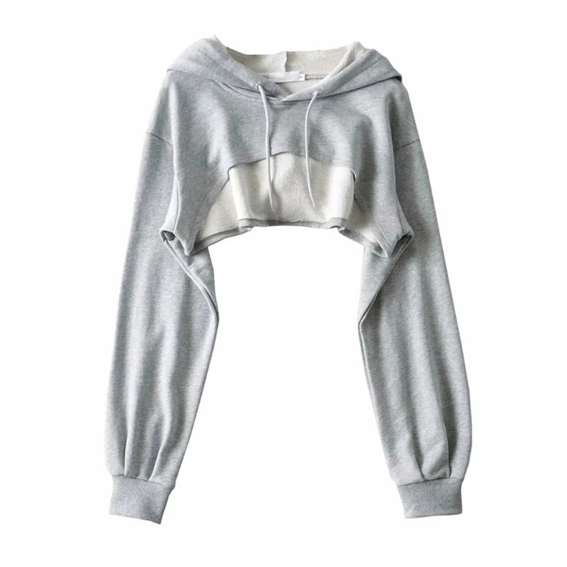 Womens Long Sleeve Cropped Hoodies Sweatshirt Aesthetic Punk Hip-Hop Dance Plain Sexy Rave Cutout Loose Super Crop Top