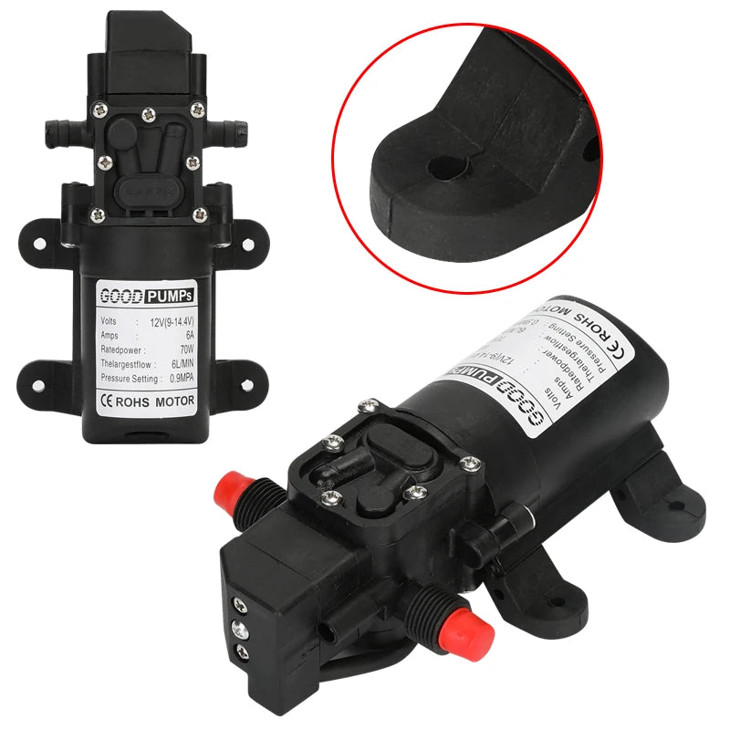 1 bomba de agua de diafragma automática con interruptor de flujo de 6 l/min, CC de 12 V, 70 W, 130 PSI, pequeña y segura, de alta presión