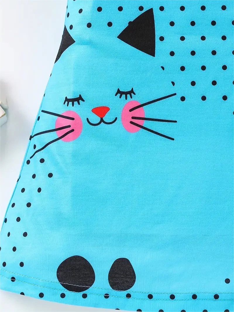 Girls cute casual short sleeve full print polka dot and cat print dress for spring and summer birthday parties