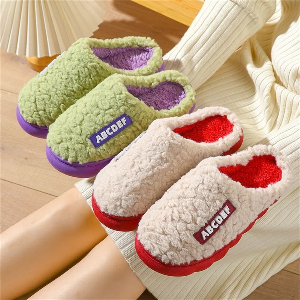 Women Winter Warm Home Slippers Thicken Indoor Boy Girl Floor Slides Plush High Heels Fur Cotton Shoes Ladies Couples Slipper