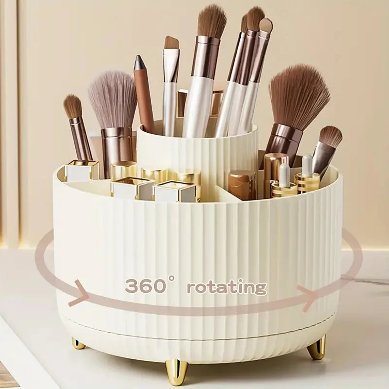 1pc 360°Rotating Makeup Organizer Storage Elegant Stripe Makeup Brushes Holder 5-Compartment Cosmetic Holder for Vanity Bathroom