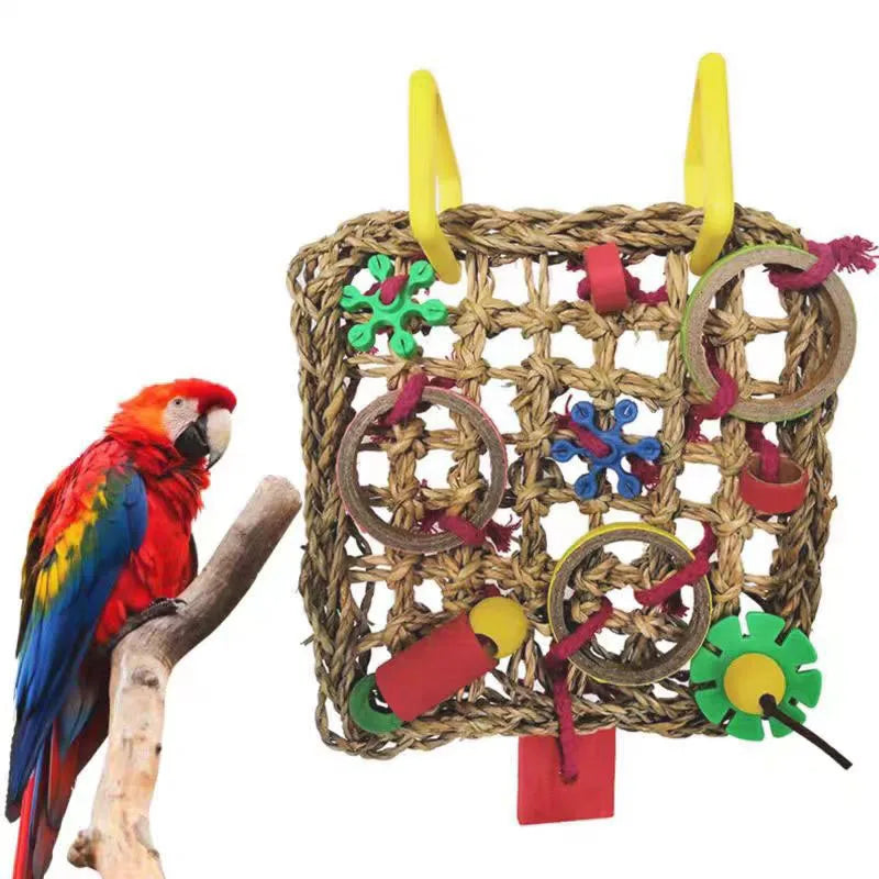 Parrot Bird Toys Foraging Wall Edible Seagrass Woven Climbing net Mat with Colorful Chewing Toys for Parakeet Bird Hanging Cage