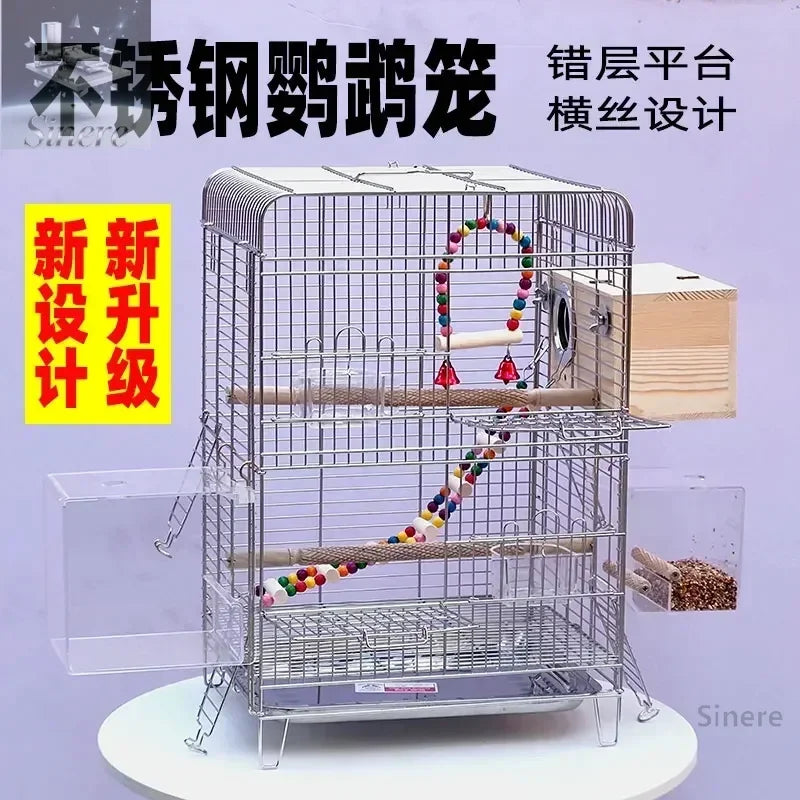 Horizontal silk parrot cage Bird cage Stainless steel bathing Peony Xuanfeng special cage Luxury villa breeding box Household ca