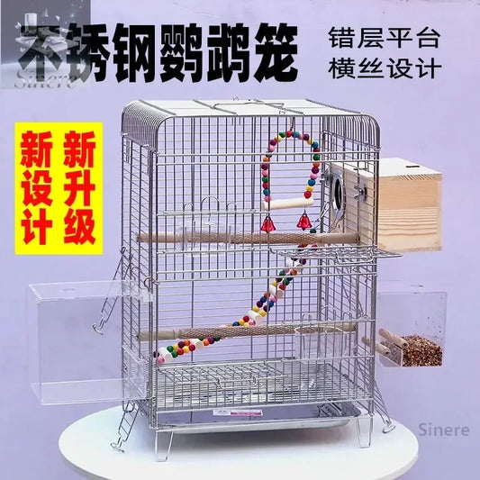 Horizontal silk parrot cage Bird cage Stainless steel bathing Peony Xuanfeng special cage Luxury villa breeding box Household ca