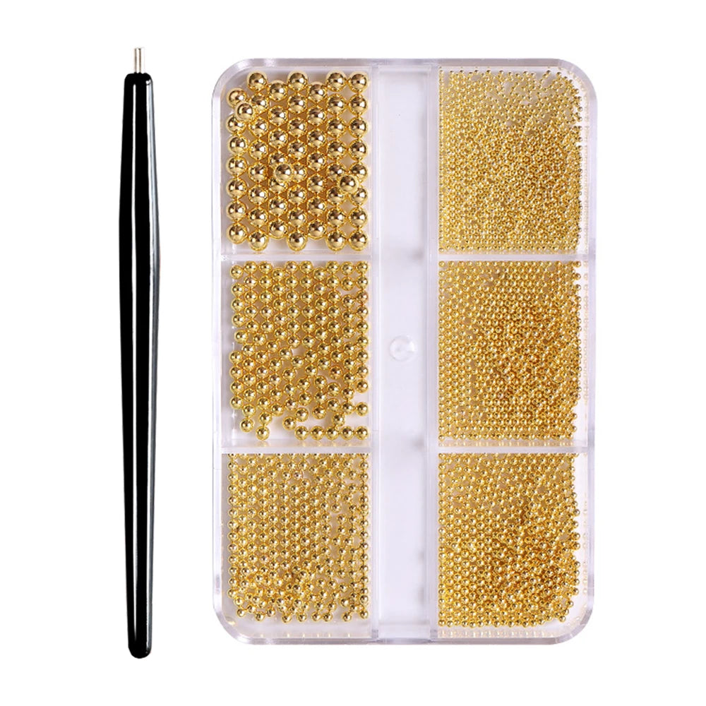 12 Grids Mini Caviar Beads Nail Art Charms 3D Metal Gold Silver Steel Ball (0.4mm-1.5mm) Nail Parts With Magnetic Pen Nail Decor