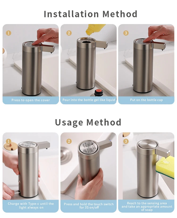 Automatic Sensor Soap Dispenser for Kitchen and Bathroom 304 Stainless Steel Smart Electric Hand Sanitizer and Body Wash Machine