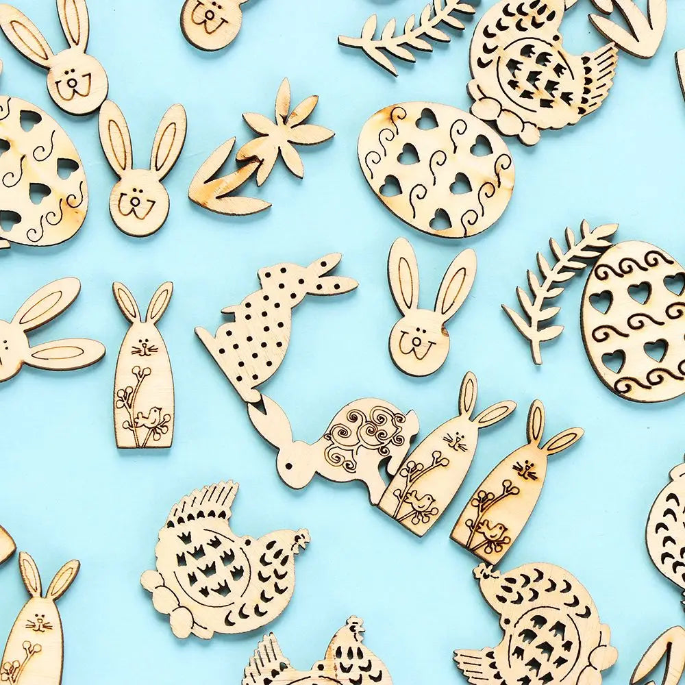 50pcs Happy Easter Rabbit Eggs Wooden Craft Ornaments