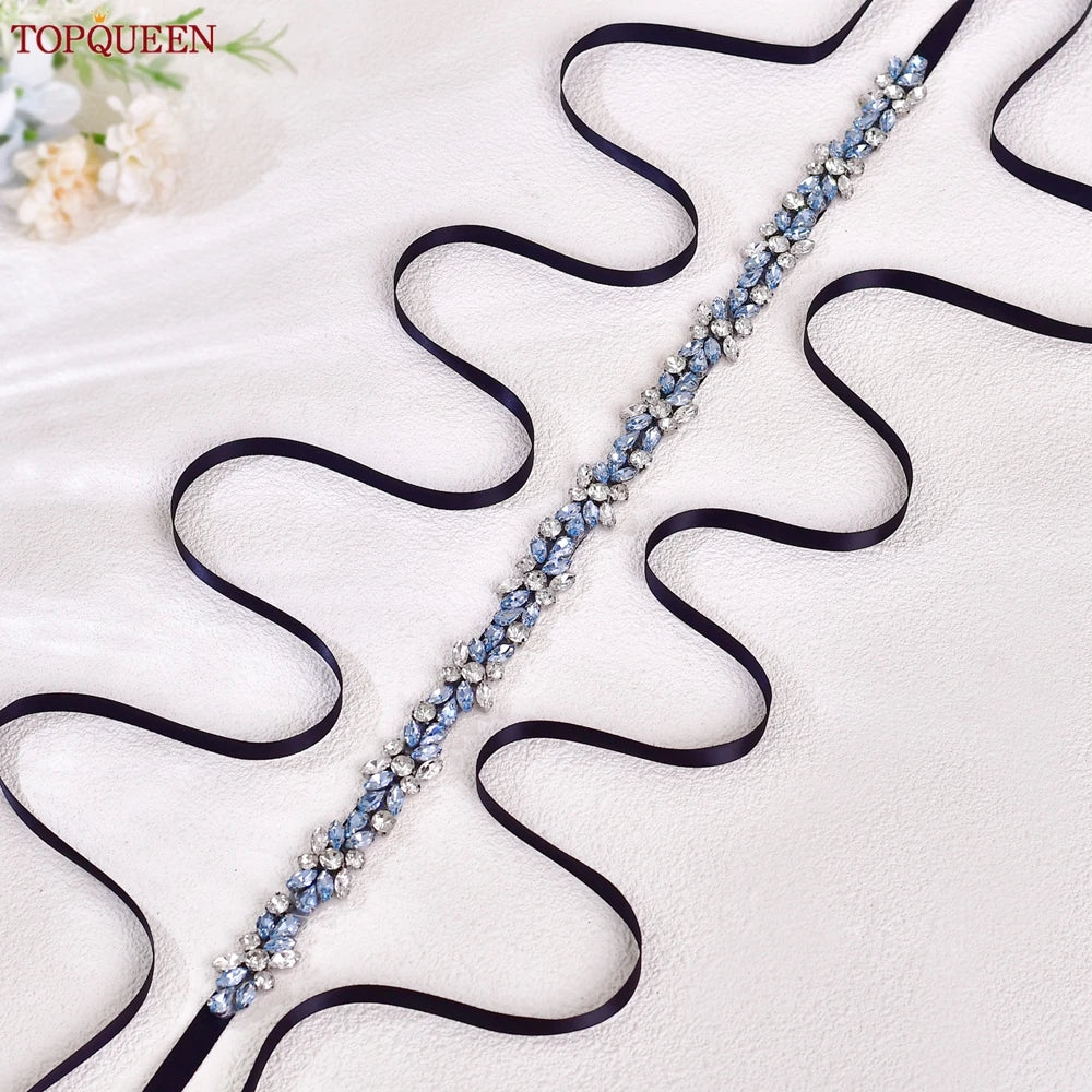 TOPQUEEN Long Thin Light Blue Rhinestone Belt Handmade Bridal Accessories Women's Versatile Dress Wedding Belt Tie Ribbon S437