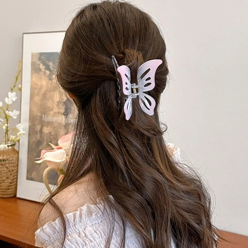 Fashion Pink Gradient Hair Clip Butterfly Bow Large Shark Clip Hairpin Grips for Women