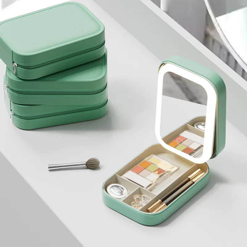 LED Mirror Makeup Storage Box Portable Travel Cosmetic Case Large Capacity with Built-In Light for Easy Application