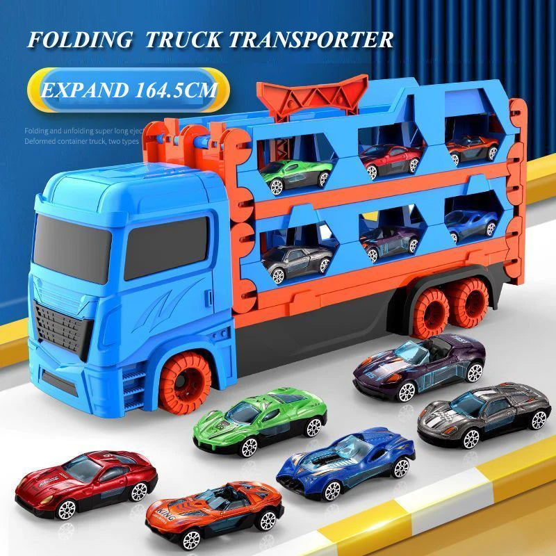 Large Car Transporter Truck with Folding Track and Racing Vehicles for Kids - Competitive Games and Storage Alloy Car Toy - Perfect Gift for Boys