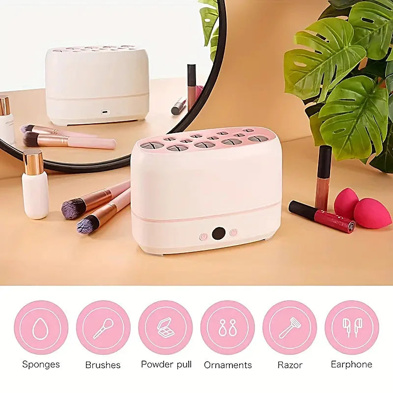 Electric Makeup Brushes Drying Machine 2 in 1 Automatic Electric Makeup Brush Cleaner and Dryer 12 Holes Cosmetic Puff Cleaner