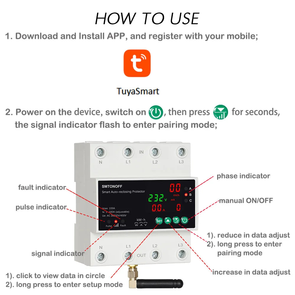 Interruptor temporizador de medidor prepago con control remoto por voz Tuya WiFi trifásico 4P 100A con reconexión automática y protector contra sobretensión y subtensión