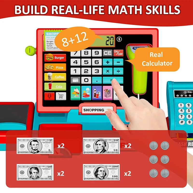 Shopping Cash Register Playset with Real Calculator, Pretend Play Store, Learning Toy, Christmas/Halloween/New Year Gift