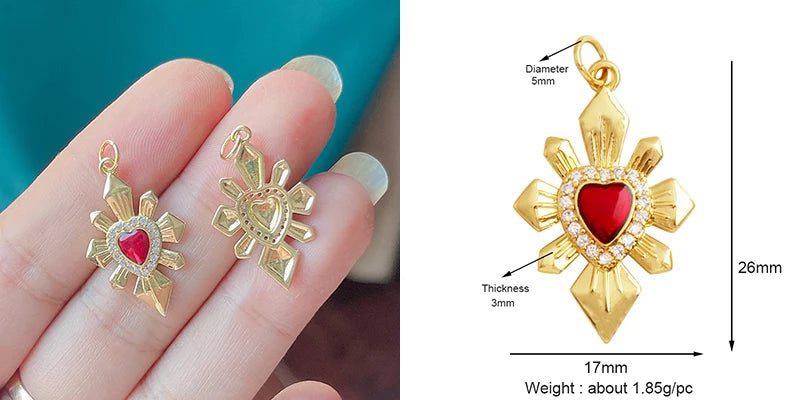 New Sacred Red Heart Charm Pendant 18K Gold Plated Zircon