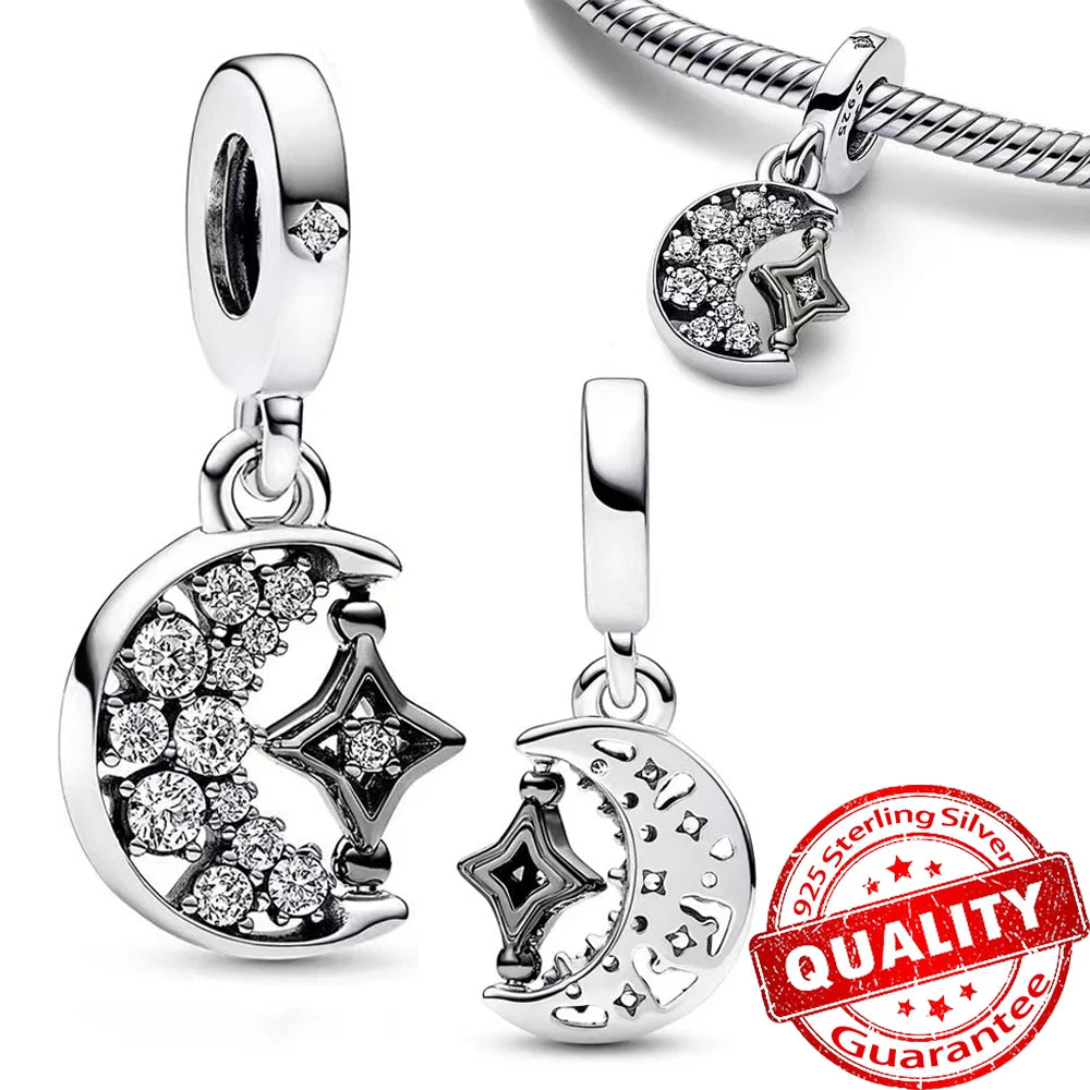Authentic 925 Sterling Silver Charm Sparkling Star Moon Sun Pendant Jewelry Gift