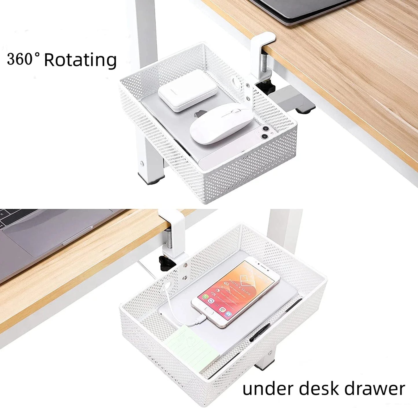360 Rotating Under Desk Drawer Rack Organizer for Invisible Storage Box and Makeup Holder