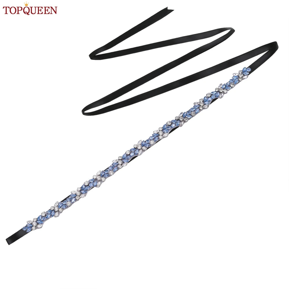 TOPQUEEN Long Thin Light Blue Rhinestone Belt Handmade Bridal Accessories Women's Versatile Dress Wedding Belt Tie Ribbon S437